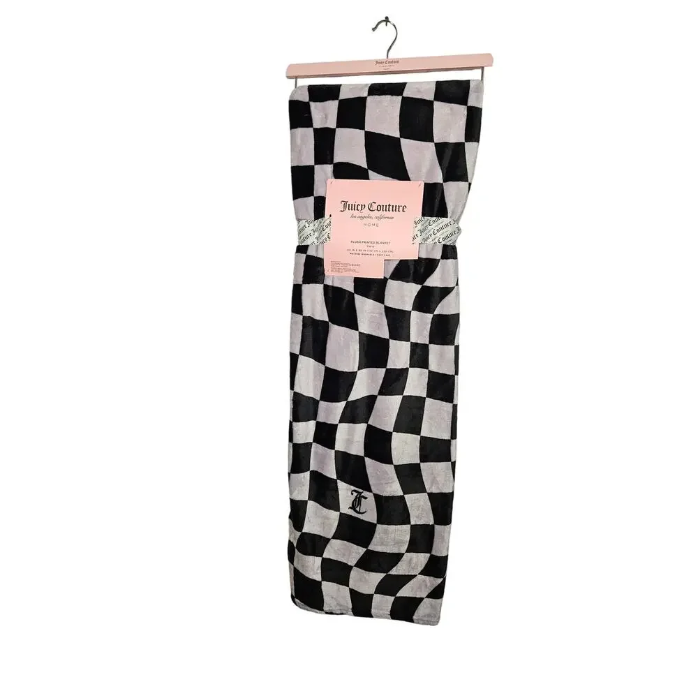 Juicy Couture Plush Printed Twin Blanket NWT Black Checkered‎ Logo Soft